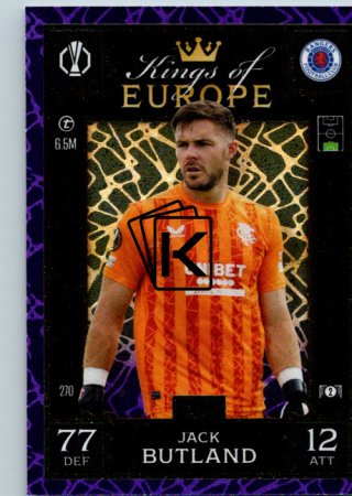 Fotbalová kartička 2024-25 Topps Match Attax EXTRA UEFA Club Competitions Kings of Europe 270.  Jack Butland (Rangers FC) Purple Parallel