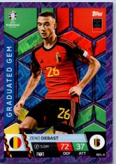 fotbalová karta Topps Match Attax EURO 2024 Purple Sapphire Holograph Graduated Gems BEL 6.  Zeno Debast (Belgium)