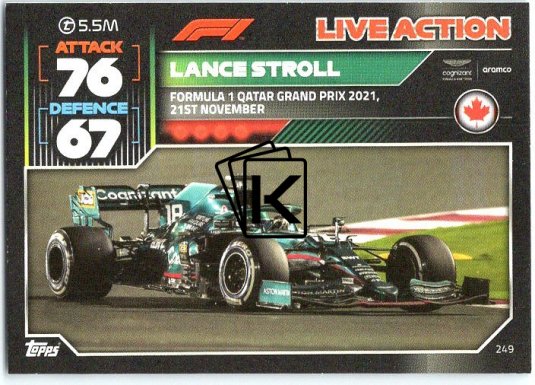 2022 Topps Formule 1Turbo Attax F1 Live Action 2021 249 Lance Stroll (Aston Martin)