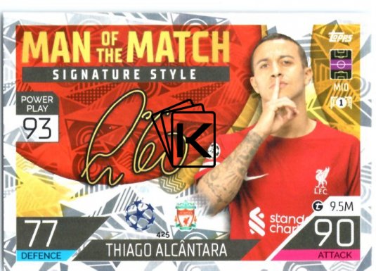Fotbalová kartička 2022-23 Topps Match Attax UCL Man of The Match Siganture Style 425 Thiago Alcantara - Liverpool