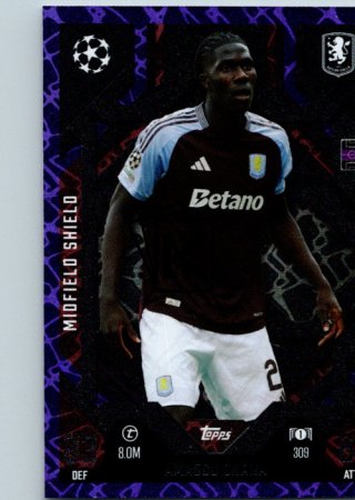 Fotbalová kartička 2024-25 Topps Match Attax EXTRA UEFA Club Competitions Midfield Shield 309.  Amadou Onana (Aston Villa) Purple Parallel