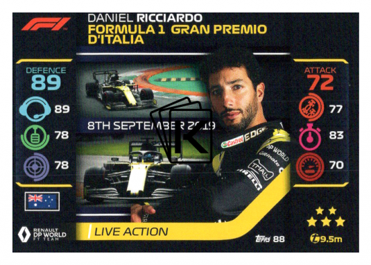 2020 Topps Formule 1 Turbo Attax 88 Live Action Daniel Riccardo Renault