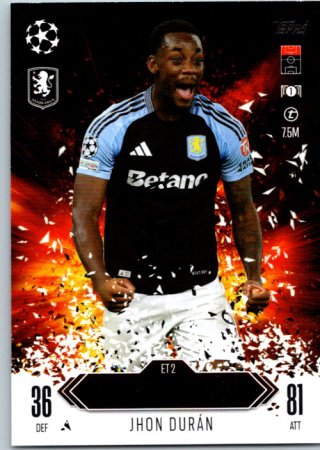 Fotbalová kartička 2024-25 Topps Match Attax EXTRA UEFA Club Competitions Explosive Talent Limited Edition ET 2.  Jhon Durán (Aston Villa)