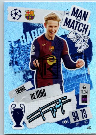 fotbalová kartička 2024-25 Topps Match Attax UEFA Club Competitions Man of the Match Signature Style 402 Frenkie de Jong (FC Barcelona)