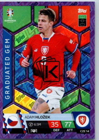 fotbalová karta Topps Match Attax EURO 2024 Purple Sapphire Holograph Graduated Gems CRO CZE 14 Adam Hložek (Czech Republic)