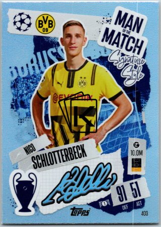 fotbalová kartička 2024-25 Topps Match Attax UEFA Club Competitions Man of the Match Signature Style 403 Nico SChlotterbeck (Borussia Dortmund )