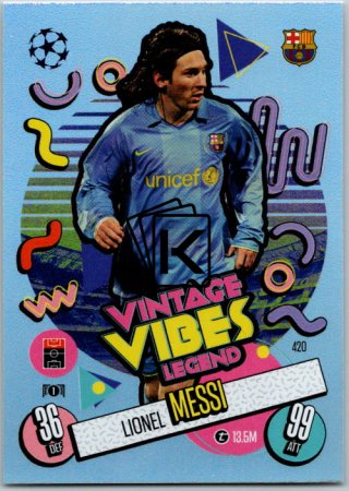fotbalová kartička 2024-25 Topps Match Attax UEFA Club Competitions Vintage Vibes Legend 420 Lionel Messi (FC Barcelona)
