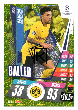 fotbalová kartička 2020-21 Topps Match Attax Champions League Extra Baller BA21 Jadon Sancho Borussia Dortmund