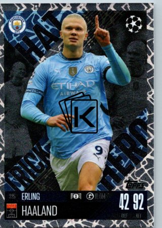 Fotbalová kartička 2024-25 Topps Match Attax EXTRA UEFA Club Competitions Hat Trick Hero 325.  Erling Haaland (Manchester City)