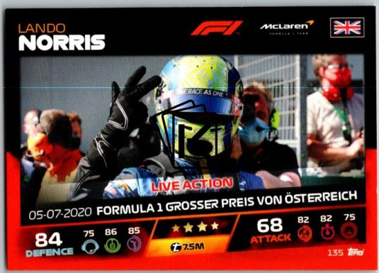 2021 Topps Formule 1 Turbo Attax Live Action 135 Lando Norris Mclaren