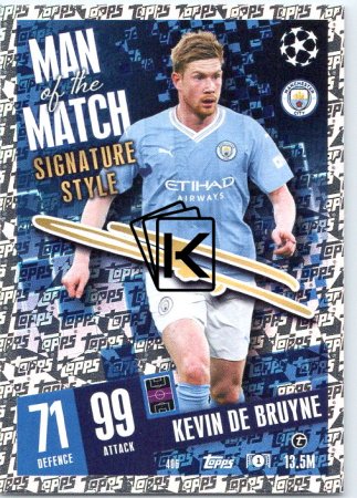 Fotbalová kartička 2023-24 Topps Match Attax UEFA Club Competitions  Man of the Match Signature Style 406	Kevin De Bruyne Manchester City