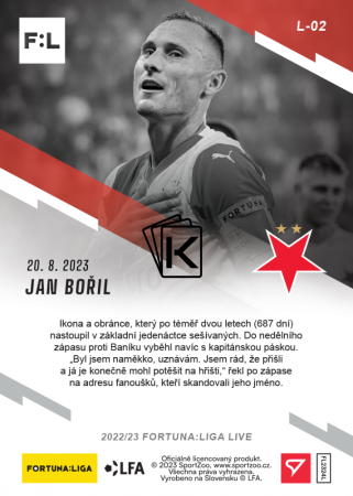 fotbalová kartička 2023-24 SportZoo Fortuna Liga Live L-02 Jan Bořil SK Slavia Praha  /107