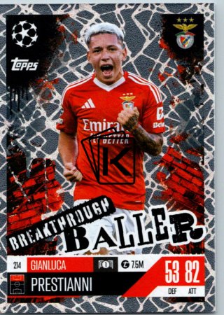 Fotbalová kartička 2024-25 Topps Match Attax EXTRA UEFA Club Competitions Breakthrough Baller 214 Gianluca Prrstianni (SL Benfica)