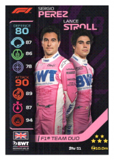 2020 Topps Formule 1 Turbo Attax 51 Team Duo Sergio Perez & Lance Stroll BWT Racing Point