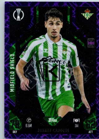 Fotbalová kartička 2024-25 Topps Match Attax EXTRA UEFA Club Competitions Midfield Shield 314.  Johnny Cardoso (Real Betis Balompié) Purple Parallel