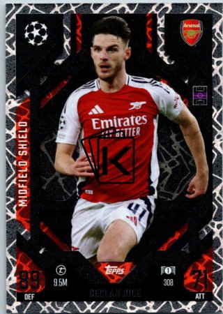 Fotbalová kartička 2024-25 Topps Match Attax EXTRA UEFA Club Competitions Midfield Shield 308 Declan Rice (Arsenal)
