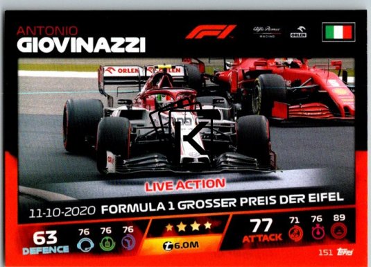 2021 Topps Formule 1 Turbo Attax Live Action 151 Antonio Giovinazzi Alfa Romeo