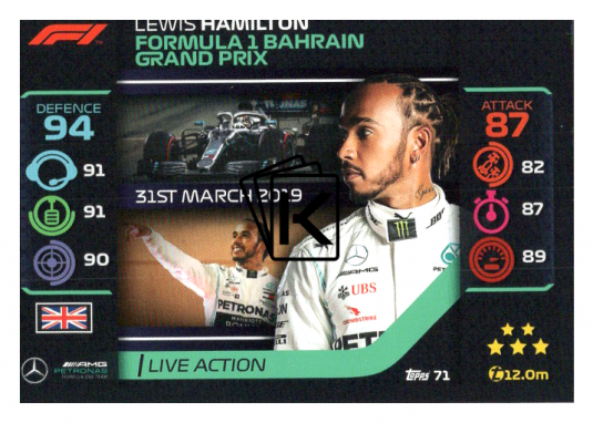 2020 Topps Formule 1 Turbo Attax 71 Live Action Lewis Hamilton Mercedes AMG