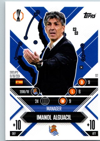 Fotbalová kartička 2024-25 Topps Match Attax EXTRA UEFA Club Competitions Manager Career 117.  Imanol Alguacil (Real Sociedad de Fútbol)
