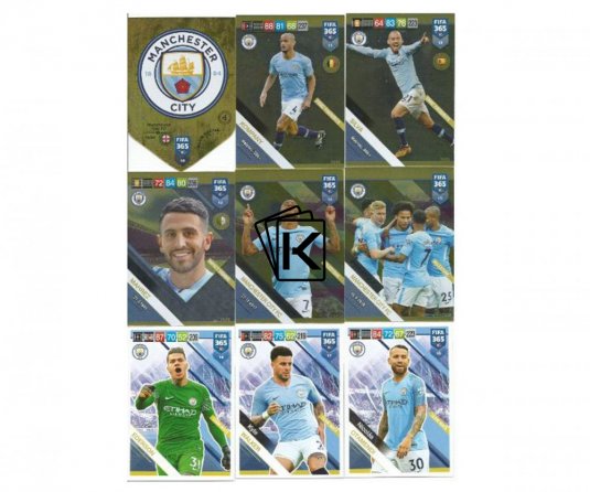 Týmový Set Fotbalových kartiček Panini FIFA 365 – 2019 Manchester City 18 karet(10-27)