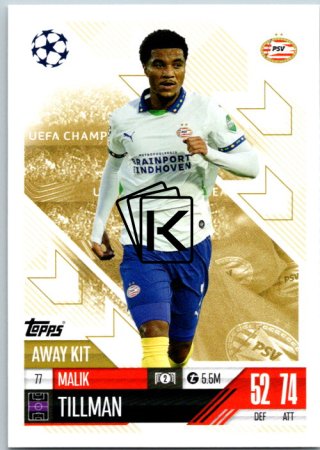Fotbalová kartička 2024-25 Topps Match Attax EXTRA UEFA Club Competitions Away Kit 77.  Malik Tillman (PSV Eindhoven)