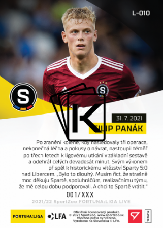 fotbalová kartička SportZoo 2021-22 Live L-010 Filip Panák AC Sparta Praha