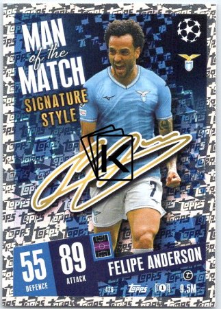 Fotbalová kartička 2023-24 Topps Match Attax UEFA Club Competitions  Man of the Match Signature Style 426	Felipe Anderon SS Lazio