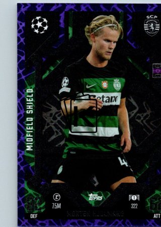 Fotbalová kartička 2024-25 Topps Match Attax EXTRA UEFA Club Competitions Midfield Shield 322.  Morten Hjulmand (Sporting Clube de Portugal) Purple Parallel