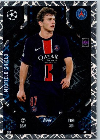 Fotbalová kartička 2024-25 Topps Match Attax EXTRA UEFA Club Competitions Midfield Shield 320 Joao Neves (Paris Saint-Germain)