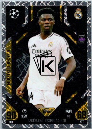 Fotbalová kartička 2024-25 Topps Match Attax EXTRA UEFA Club Competitions Midfield Shield 312 Aurélien Tchouameni (Real Madrid CF)