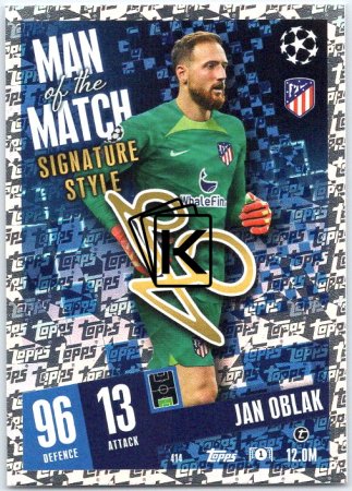 Fotbalová kartička 2023-24 Topps Match Attax UEFA Club Competitions  Man of the Match Signature Style  414	Jan Oblak Atlético de Madrid