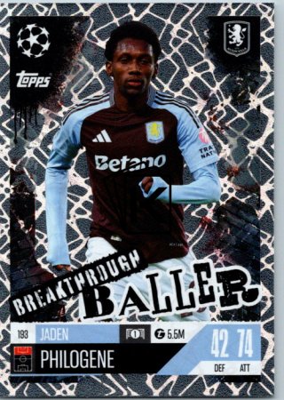Fotbalová kartička 2024-25 Topps Match Attax EXTRA UEFA Club Competitions Breakthrough Baller 193 Jaden Philogene (Aston Villa)