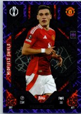 Fotbalová kartička 2024-25 Topps Match Attax EXTRA UEFA Club Competitions Midfield Shield 310.  Manuel Ugarte (Manchester United) Purple Parallel