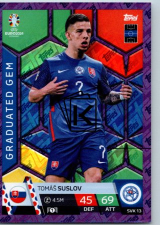 fotbalová karta Topps Match Attax EURO 2024 Purple Sapphire Holograph Graduated Gems SVK 13.  Tomáš Suslov (Slovakia)