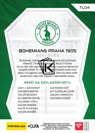 Týmový set 2021-22 SportZoo Fortuna Liga Bohemians Praha (12 karet) bez Loga týmu