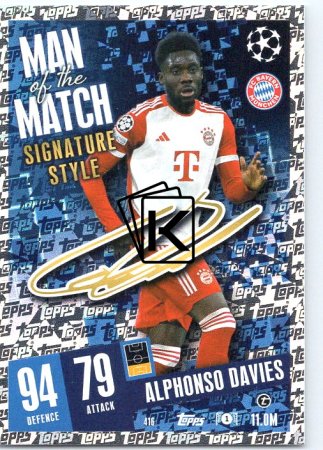 Fotbalová kartička 2023-24 Topps Match Attax UEFA Club Competitions  Man of the Match Signature Style  416	Alphonso Davies	FC Bayern München