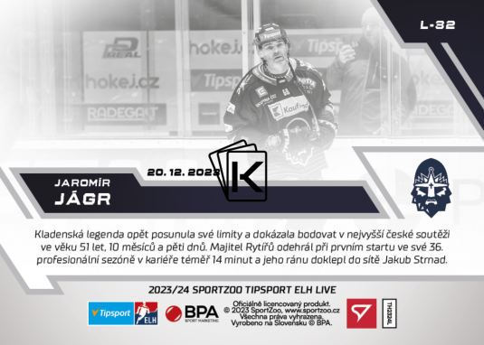 Hokejová kartička SportZoo 2023-24 Live L-32 Jaromír Jágr Rytíři Kladno  /247