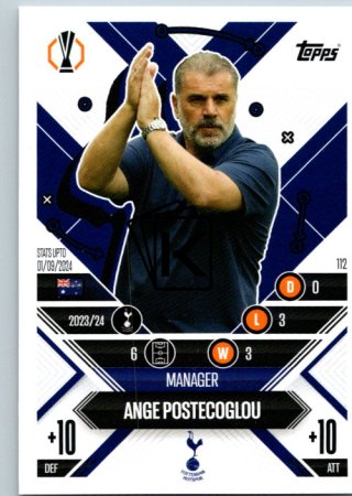 Fotbalová kartička 2024-25 Topps Match Attax EXTRA UEFA Club Competitions Manager Career 112.  Ange Postecoglou (Tottenham Hotspur)