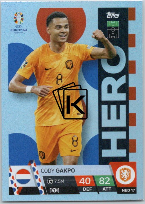 Carte Topps UEFA Euro 2024 – Cody Gakpo Pays-Bas, édition Gold Foil (autocollant)