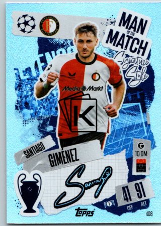 fotbalová kartička 2024-25 Topps Match Attax UEFA Club Competitions Man of the Match Signature Style 408 Santiago Giménez (Feyenoord)