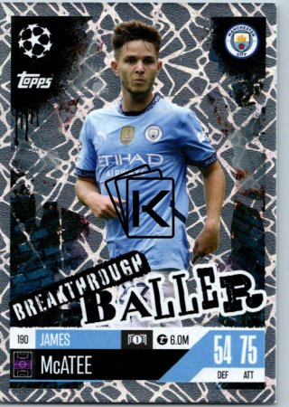 Fotbalová kartička 2024-25 Topps Match Attax EXTRA UEFA Club Competitions Breakthrough Baller 190 James McAtee (Manchester City)