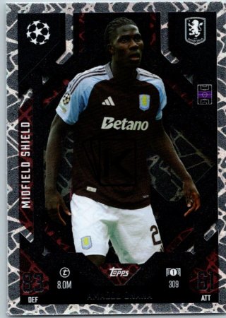 Fotbalová kartička 2024-25 Topps Match Attax EXTRA UEFA Club Competitions Midfield Shield 309 Amadou Onana (Aston Villa)