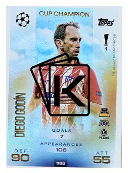fotbalová kartička 2025-26 Topps Match Attax UCC Cup Champion (Rainbow Foil) 355 Diego Gódin (Atlético de Madrid)