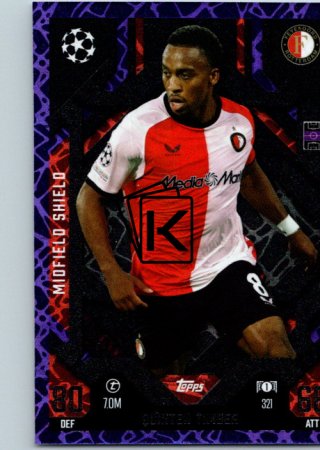 Fotbalová kartička 2024-25 Topps Match Attax EXTRA UEFA Club Competitions Midfield Shield 321.  Quinten Timber (Feyenoord) Purple Parallel