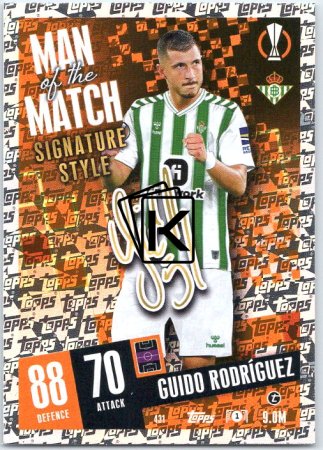 Fotbalová kartička 2023-24 Topps Match Attax UEFA Club Competitions  Man of the Match Signature Style  431	Guido Rodríguez	Real Betis Balompie
