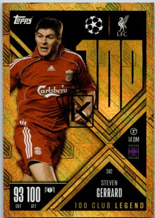 Fotbalová kartička 2024-25 Topps Match Attax EXTRA UEFA Club Competitions 100 Club Legend 342.  Steven Gerrard (Liverpool)