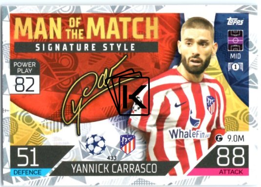 Fotbalová kartička 2022-23 Topps Match Attax UCL Man of The Match Siganture Style 433 Yannick Carrasco - Atl‚tico de Madrid