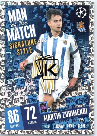 Fotbalová kartička 2023-24 Topps Match Attax UEFA Club Competitions  Man of the Match Signature Style  424	Martín Zubimendi Real Sociedad de Fútbol