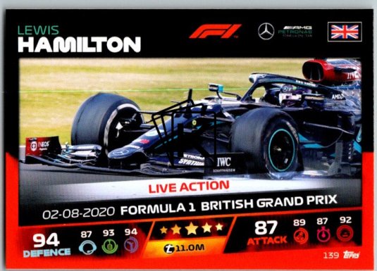 2021 Topps Formule 1 Turbo Attax Live Action 139 Lewis Hamilton Mercedes
