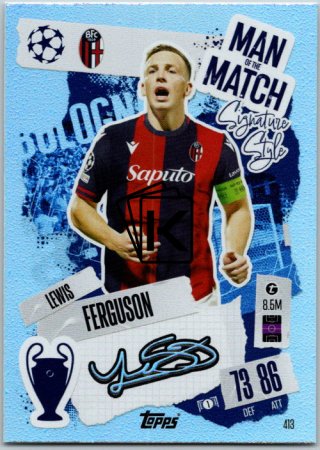 fotbalová kartička 2024-25 Topps Match Attax UEFA Club Competitions Man of the Match Signature Style 413 Lewis Ferguson (Bologna FC 1909)